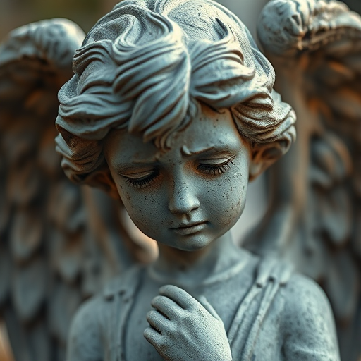 Create a highly detailed close-up of a sorrowful angel statue, captured with a Canon EOS R5 at f/2.8, ISO 100, 50mm lens, with natural soft lighting to enhance textures and expressions.