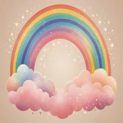 generate an illustration of a colorful rainbow arching over fluffy pink clouds with sparkling stars set against a soft beige background