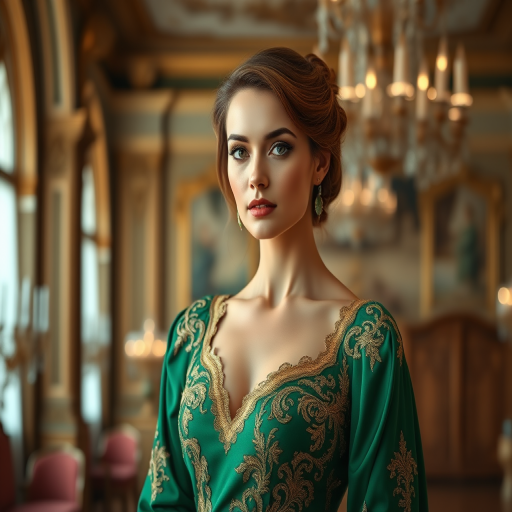 portrait of an elegant woman in a luxurious green gown with intricate gold details, standing in an opulent palace interior with chandeliers in the background, soft diffused lighting, f/2.8 aperture, 85mm lens, shallow depth of field, captured with a DSLR camera, high resolution, vibrant color saturation.