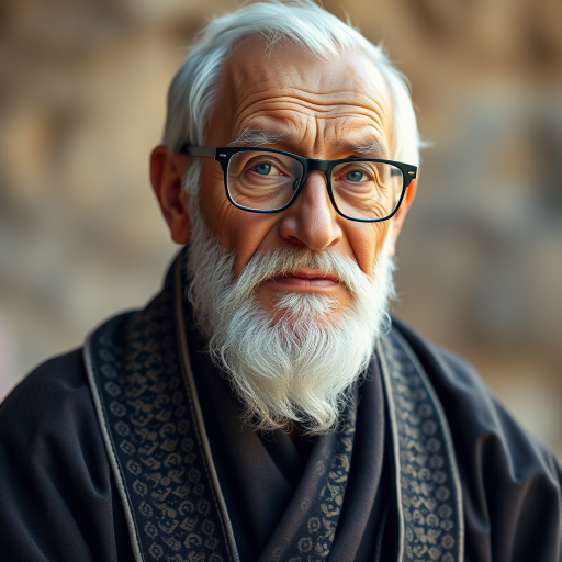 Create a highly detailed portrait of an elderly man with white hair and a beard, wearing glasses and a robe with intricate designs, captured with a 50mm lens, f/1.8 aperture, ISO 100, natural lighting, and a shallow depth of field for a soft background.