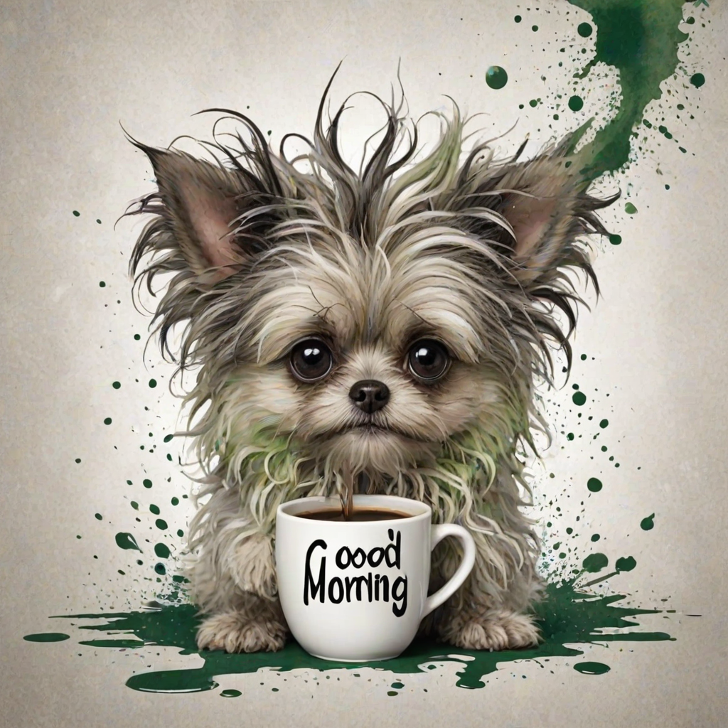A quirky, artistic illustration of a disheveled peekapoo dog breed with exaggerated, large eyes and spiky fur, holding a coffee mug that reads "Good Morning". The dog has a tired but humorous expression, with ink splatters and abstract details surrounding it, giving a whimsical feel to the image. The color palette is mostly monochrome with hints of green in the eyes and steam rising from the mug, enhancing the overall sleepy vibe