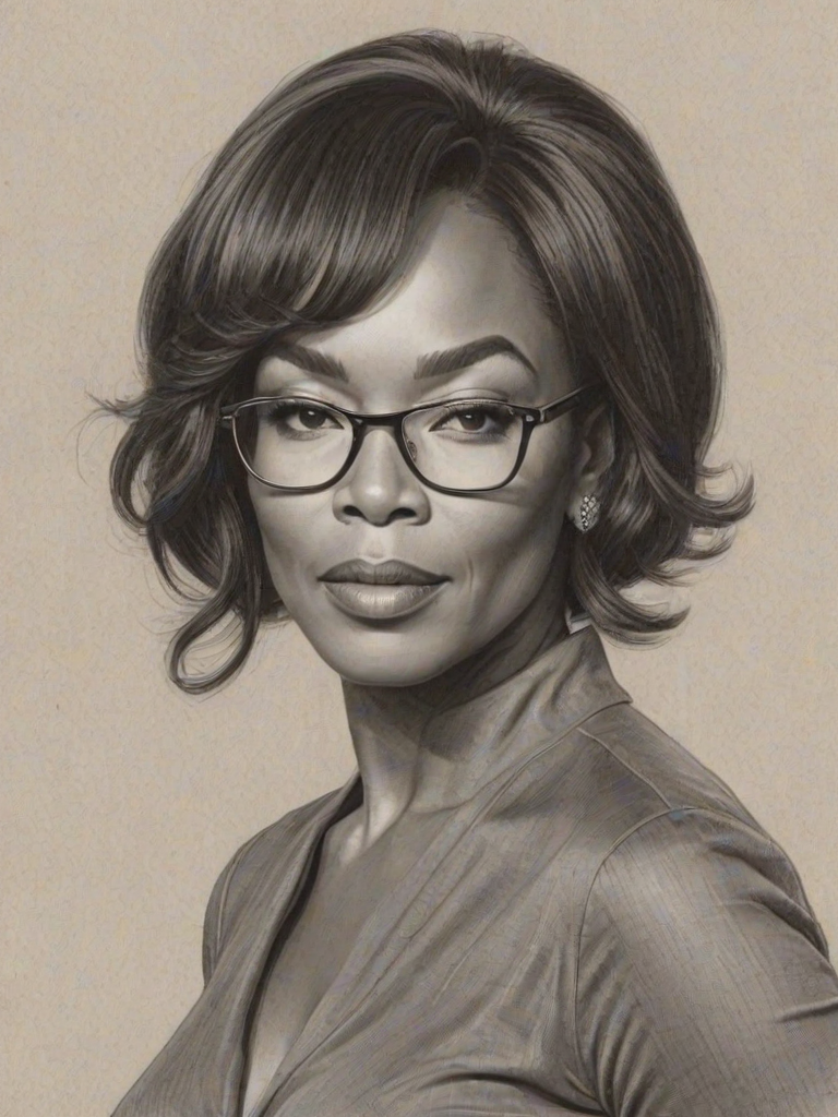 Superb Angela Bassett, pencil sketch, portrait of Ravishing woman 1964s in glasses, hair style beatnik, outline, clear lines, fine lines, 8k
