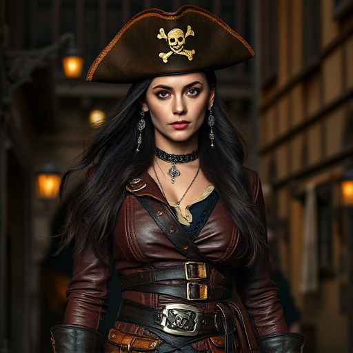 Create a portrait of a fierce female pirate. She wears a leather tricorn hat adorned with a skull and crossbones emblem, and her long, dark hair flows around her face. Her outfit consists of a richly detailed leather jacket, a corset, and multiple layers of belts and accessories, giving her a formidable and stylish appearance. She stands confidently in a dimly lit, historic port town, with a backdrop of weathered buildings and cobblestone streets, capturing the adventurous spirit of a pirate.