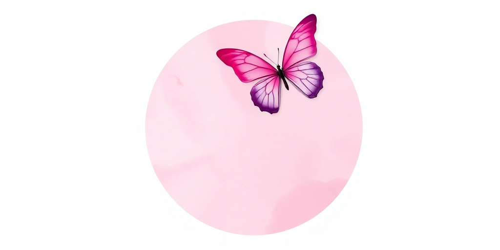 Create an image featuring a circular frame with a watercolor effect in soft pink hues. Incorporate two butterflies, one pink and one purple, positioned gracefully near the top of the circle. The background should be white to emphasize the colors and design elements.