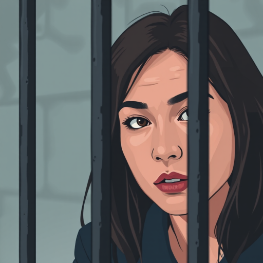 Generate a high-quality illustration of a person looking out from behind prison bars, using a Canon EOS R5 with a 50mm f/1.2 lens, aperture set to f/2.8, ISO 100, and a shallow depth of field to create a soft background blur, capturing the subject in a slightly off-center composition.