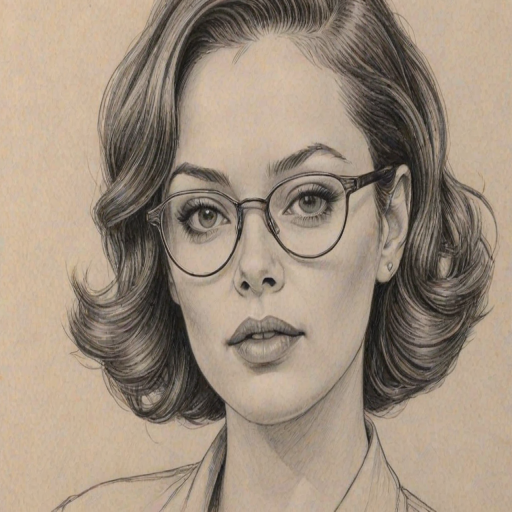 Superb Rose McGowan, pencil sketch, portrait of Enticing woman 1930s in glasses, hair style beatnik, outline, clear lines, fine lines, 8k