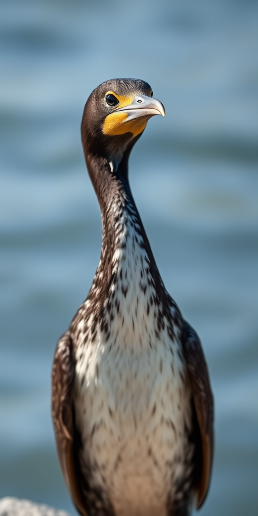Capture a close-up of a bird similar to a juvenile cormorant standing by the water with sharp focus, natural lighting, aperture set at f/4, ISO 200, shutter speed 1/1000s, using a DSLR camera with a 300mm lens in portrait orientation.