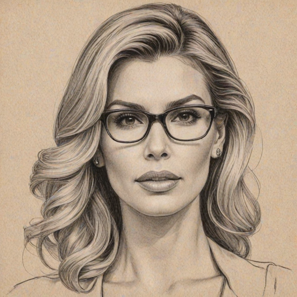 Fetching Brandi Glanville, pencil sketch, portrait of Gorgeous woman 1955s in glasses, hair style beatnik, outline, clear lines, fine lines, 8k