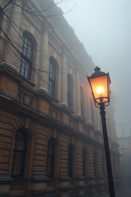 Capture a foggy scene of a historic building with a streetlamp in the foreground, using a Canon EOS R5 with a 50mm lens, aperture f/1.8, ISO 200, shutter speed 1/125s, low angle view for depth, natural light for a soft ambiance.
