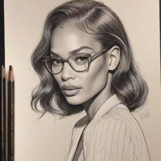 Enchanting Joan Smalls, pencil sketch, portrait of Bewitching woman 1938s in glasses, hair style beatnik, outline, clear lines, fine lines, 8k