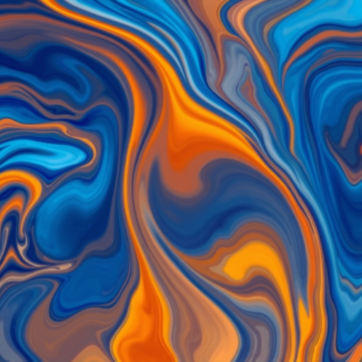 Generate an abstract image with swirling colors of blue, orange, yellow, and red in a fluid art style, using a DSLR camera with a 50mm lens, f/2.8 aperture, 1/200 sec shutter speed, and ISO 100 for enhanced clarity and vibrancy.