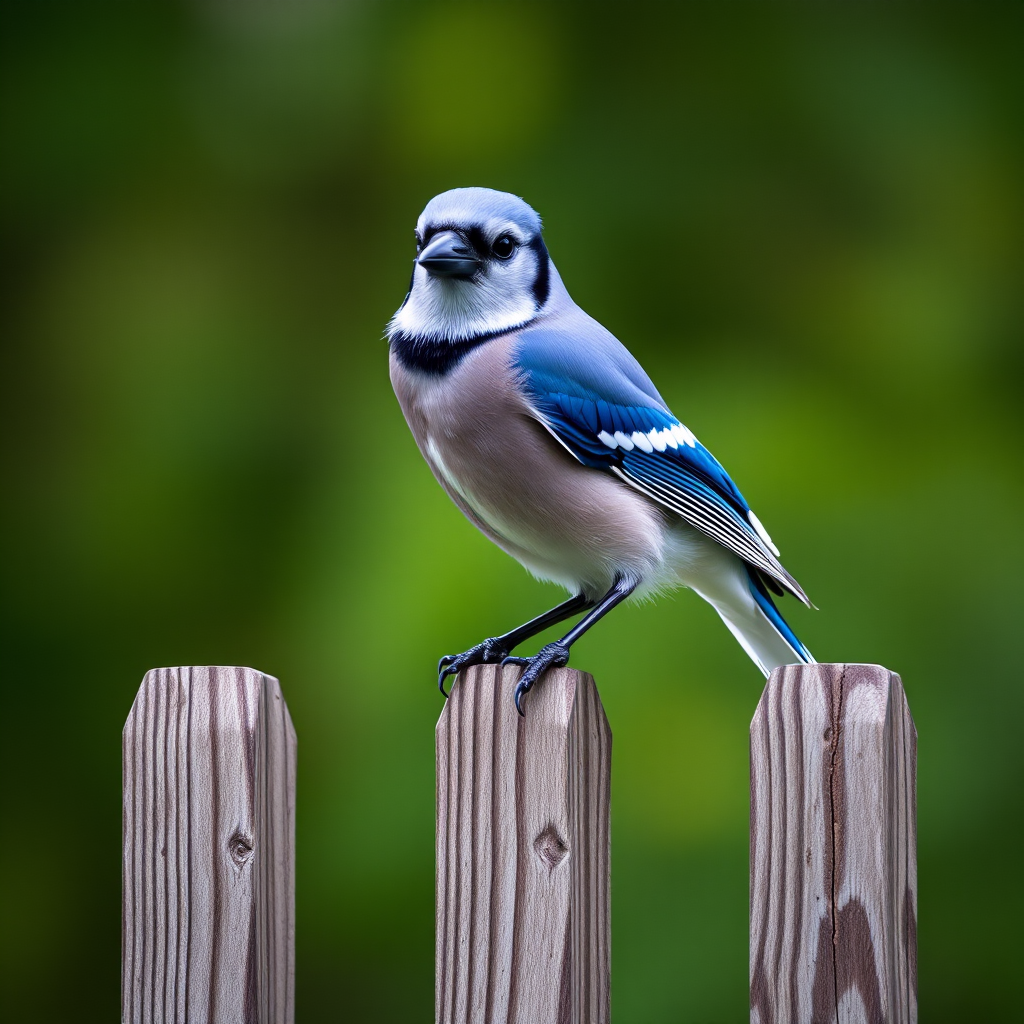 capture a blue jay perched on a wooden fence with a blurred natural background, use a Canon EOS 5D Mark IV with a 70-200mm f/2.8 lens, set aperture to f/4, ISO 200, shutter speed 1/500s, shoot from eye level for a sharp focus on the bird while softening the background