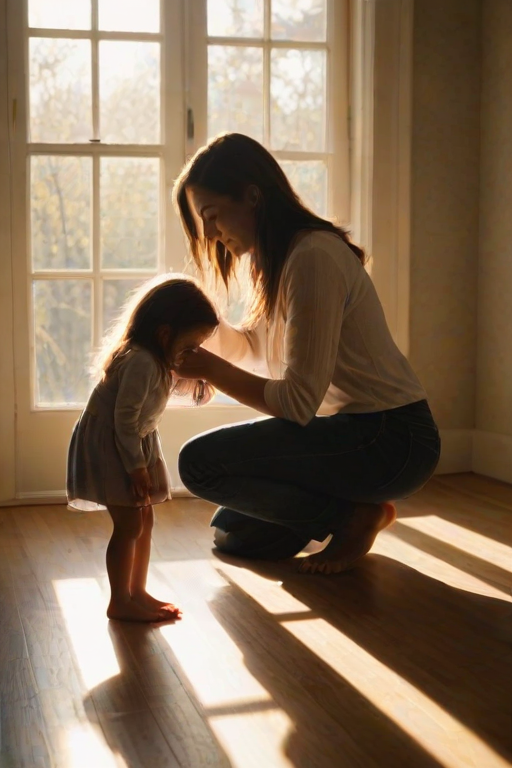 Warmly lit, intimate image of a mother brushing her daughter's hair in front of a large window at dawn, soft morning light illuminating their peaceful expressions and casting long shadows on the floor.