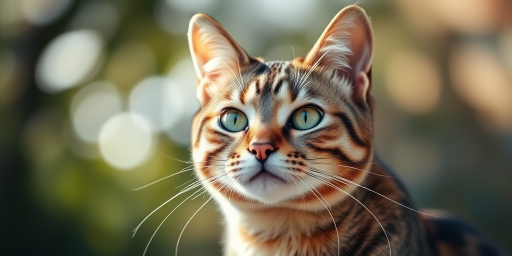 tabby cat portrait, natural light, f/2.8, 1/200s, ISO 200, shallow depth of field, 85mm lens, DSLR, captured at eye level, soft bokeh background, vibrant color contrast