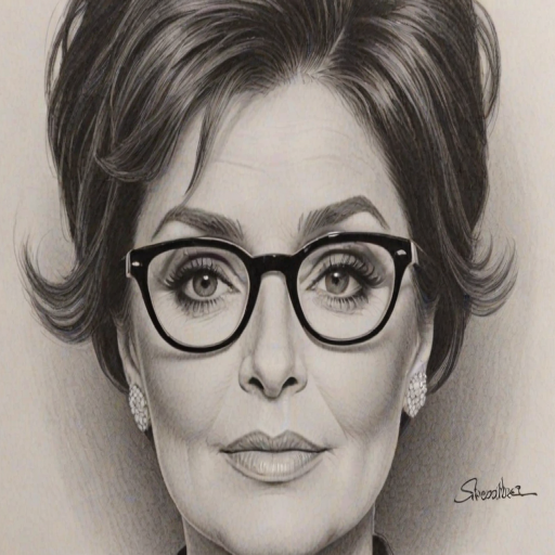 Dazzling Sharon Osbourne, pencil sketch, portrait of Splendid woman 1962s in glasses, hair style beatnik, outline, clear lines, fine lines, 8k