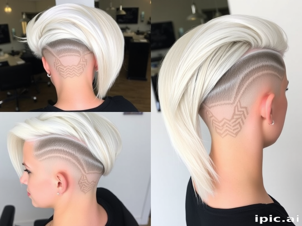 Edgy Platinum Blonde Undercut with intricate geometric designs shaved into the sides, contrasting with long, sleek top layers for a bold and modern asymmetrical style