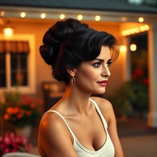 A photo of Rita Hayworth with a background of a cozy porch. She has dark hair pulled back in an updo, with tendrils framing her face. She wears a white tank top and sits on the porch. The porch is part of a well-lit home with a warm, earthy tone and colorful flowers and foliage. The overall scene has a warm, welcoming, and comfortable ambiance.