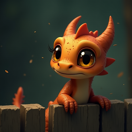 A small, scruffy cartoon-like dragon peers over a wooden fence with wide, expressive amber eyes, giving it an endearing look. The dark, muted background with streaks of faded color adds to the atmosphere of vulnerability and longing. The dragon's oversized eyes, full of emotion, draw the viewer in, evoking a sense of empathy and tenderness. Flecks of light and small bits of debris gently float through the scene, creating a soft, melancholic mood as the dragon waits patiently for comfort.