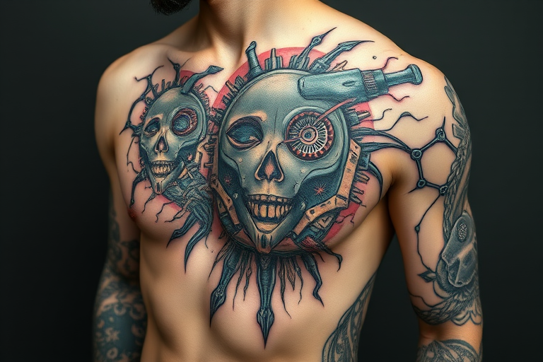 Biomechanical tattoo titled "Cybernetic Symphony" merging organic forms with mechanical components to create the illusion of exposed robotic parts beneath the skin