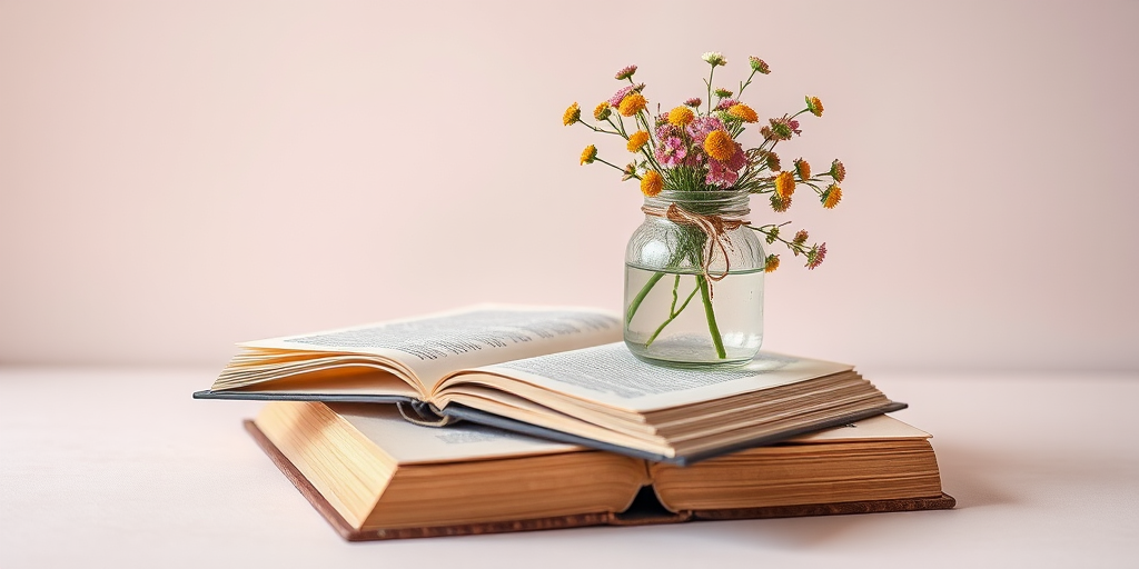 Create a still life image featuring a jar with flowers placed on top of a closed book, with a soft pastel background, using a DSLR camera, 50mm lens, aperture f/4, ISO 100, soft natural lighting.