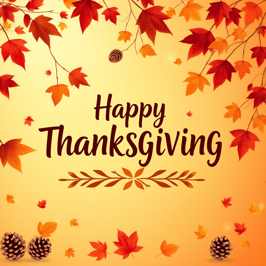 Create a warm and festive autumn-themed image with a gradient background of orange and yellow hues. Include a variety of falling leaves in shades of red, orange, and brown. In the center, display the text "Happy Thanksgiving" in a stylish and inviting font, using a dark brown color for contrast. Add subtle decorative elements like pine cones and additional leaves for a cozy, seasonal feel.