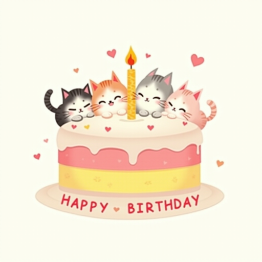 Create a whimsical illustration featuring four cute kittens hugging a layered birthday cake. The cake should have pink and yellow icing, topped with a single candle. Add small hearts around the scene and include the words "Happy Birthday" in a playful font at the bottom.