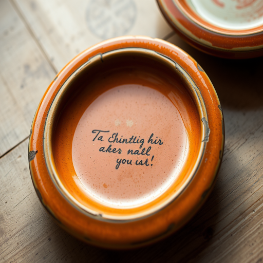 Capture a close-up of an antique ceramic plate with a rich orange glaze and intricate handwritten inscription on the back, use a DSLR camera with an aperture of f/2.8, ISO 100, shutter speed 1/125, in natural light to enhance texture and color details.