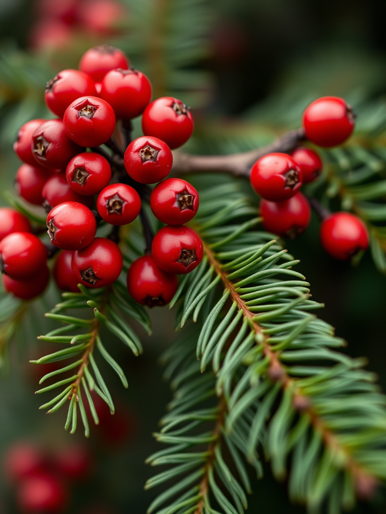 close-up of red berries on green evergreen branches, macro photography, aperture f/2.8, shutter speed 1/200s, ISO 100, 50mm lens, natural light, shallow depth of field