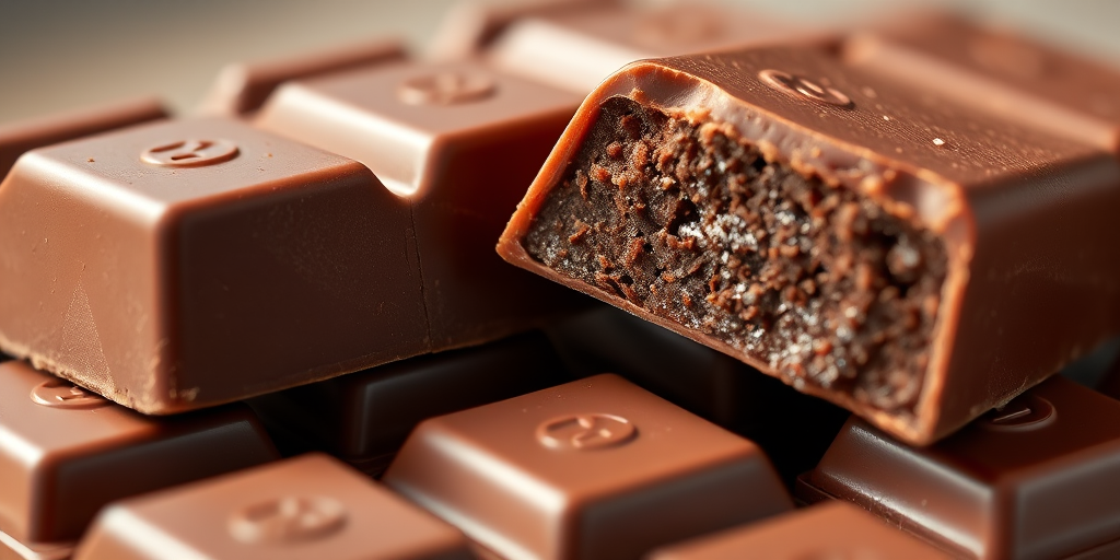 Create a high-resolution close-up image of two chocolate bars, showcasing the textured surface and cross-section, using a DSLR camera with a 50mm lens, f/2.8 aperture, ISO 100, and soft natural lighting to enhance details.