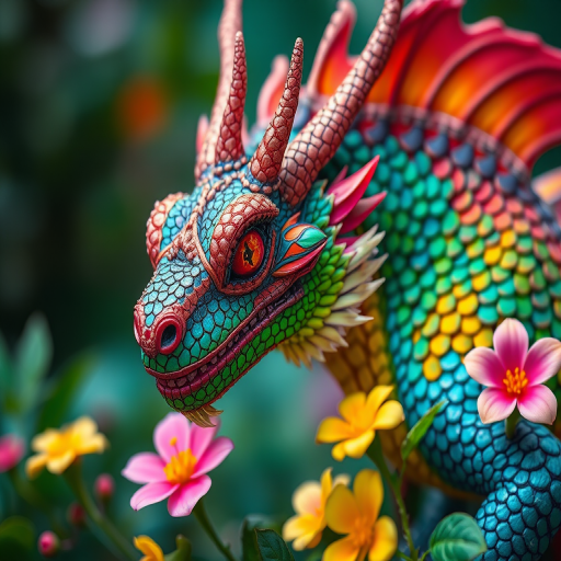 Regenerate a vibrant fantasy dragon with colorful scales and flowers, focusing on fine details and texture, captured with a 50mm lens, aperture f/1.8, ISO 100, natural lighting, in shallow depth of field for a captivating, immersive scene.