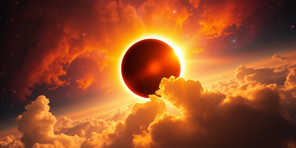 a vibrant cosmic scene featuring a dramatic solar eclipse surrounded by fiery clouds and stars, photographed with a DSLR camera at f/2.8, ISO 100, 30 seconds exposure, wide-angle lens, astrophotography style, high resolution