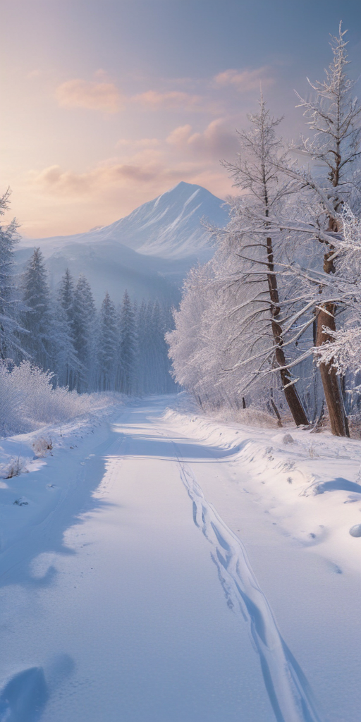 Serene Winter Landscape with Snow-Covered Trees and Scenic Mountain View