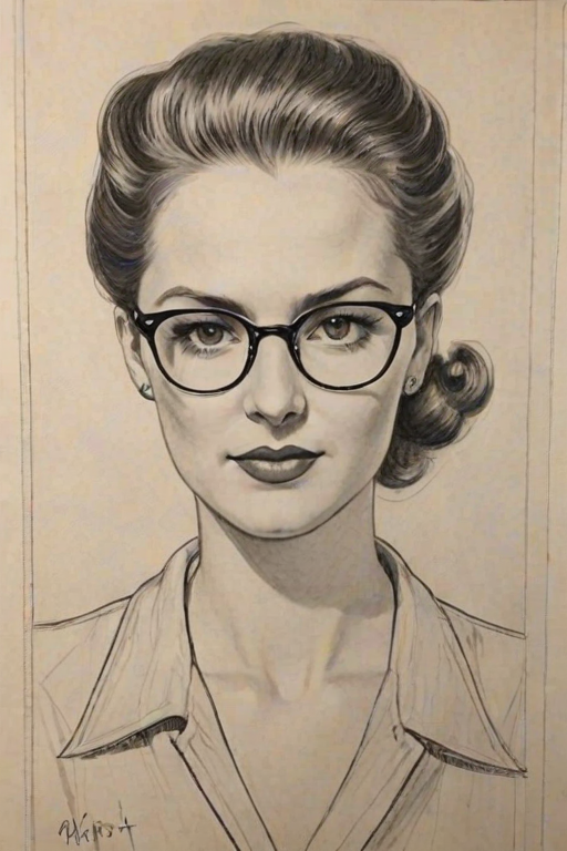 Wonderful Nessa Barrett, pencil sketch, portrait of Superb woman 1938s in glasses, hair style beatnik, outline, clear lines, fine lines, 8k