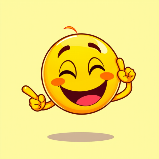 Create a vibrant cartoon-style illustration of a smiling yellow emoji with a playful expression, one hand touching its head and the other pointing, using a Canon EOS 5D Mark IV, aperture f/8, ISO 100, 50mm lens, with a bright, colorful background to enhance the overall image quality.