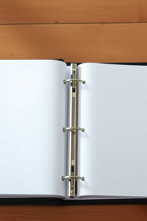 Create a high-resolution image of an open binder with blank pages and dividers, shot with a DSLR camera at f/4, ISO 100, 50mm lens, soft natural lighting from the left, overhead view, focus on the binder details.