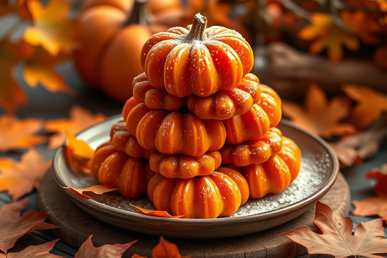 Create a high-resolution image of a stack of orange pumpkin-shaped desserts dusted with sugar on a rustic plate, surrounded by autumn leaves and a cozy background, using a DSLR camera with a 50mm lens, aperture set to f/2.8, ISO 100, and natural lighting for a warm ambiance.