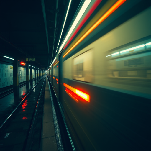 capture a motion blur of a subway train in a dimly lit station reflecting vibrant colors on wet tracks, use a Canon EOS R5, 35mm lens, f/1.8 aperture, shutter speed 1/60s, ISO 800, in low light settings for enhanced detail and depth
