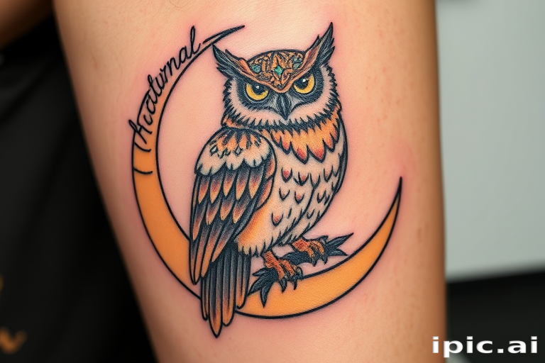 Neotraditional tattoo of a mystical owl perched on a crescent moon, combining bold lines with a soft color palette and decorative elements, titled "Nocturnal Wisdom"