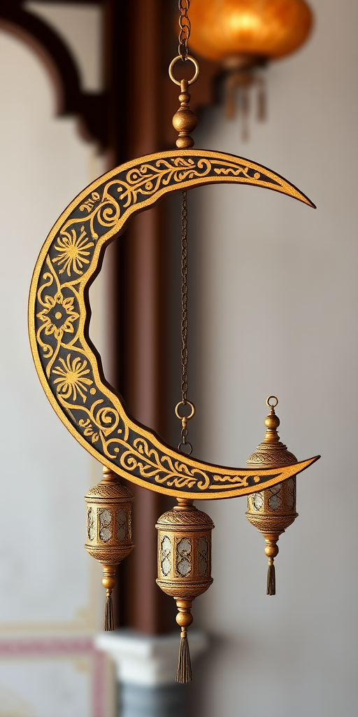 Create an elegant crescent moon design with intricate golden patterns and three hanging ornate lanterns, use a DSLR camera with a 50mm lens, aperture set to f/2.8, ISO 100, and a shallow depth of field for a soft background blur.