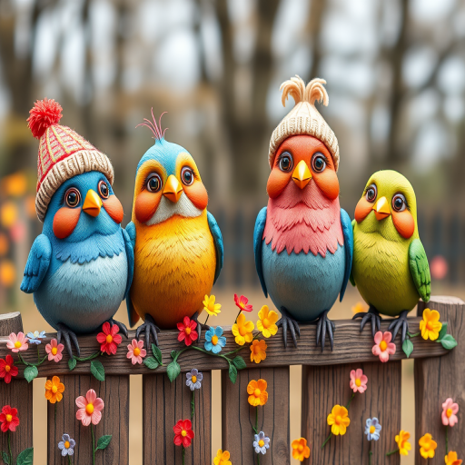 create a scene of 4 quirky  whimsical colourful comical birds each with a funny expression. they are sat on a wooden fence with colourful flowers. they are all different sizes. each one is a different colour  one is wearing a woolly hat. Each one has a different quirky google expression and there is a muted background of trees watercolour paintierly style high definition 8k resolution 3D paper mache