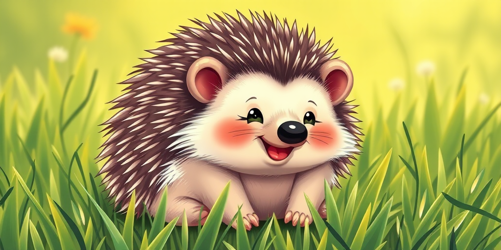 Create a highly detailed illustration of a cute hedgehog sitting on green grass with a cheerful expression, using a Canon EOS 5D Mark IV camera with an 85mm f/1.4 lens at f/2.8, 1/125 sec shutter speed, and ISO 200, in bright, soft natural light to enhance colors and textures.
