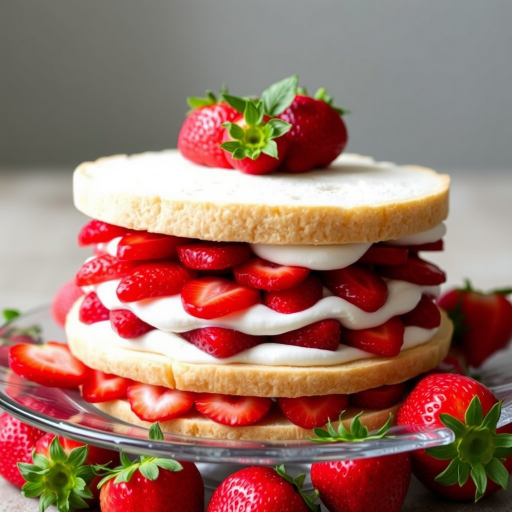 A deliciously arranged strawberry sandwich cake with layers of fresh strawberries and whipped cream between soft white bread served on a clear glass plate surrounded by whole strawberries.