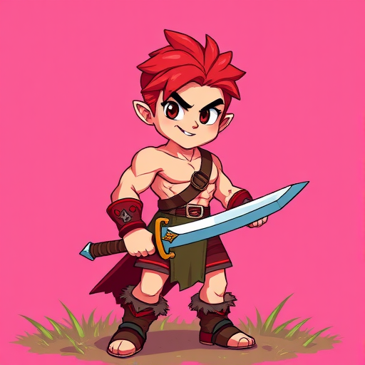 Create a vibrant cartoon character illustration of a muscular warrior with red hair and a sword, set against a pink background with grass, using a DSLR camera with a 50mm lens, f/1.8 aperture, ISO 100, centered composition, and bright, saturated colors for enhanced image quality.