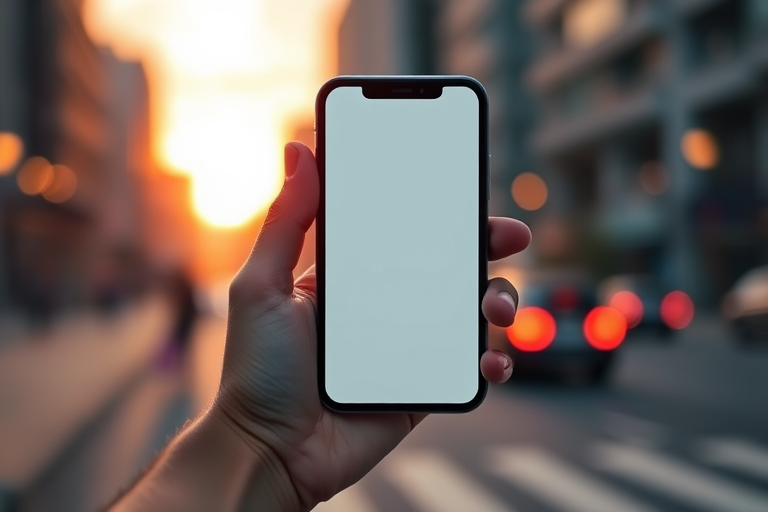 Create an image of a hand holding a smartphone with a blank screen, in a blurred urban background during sunset, using a DSLR camera with a 50mm lens, aperture set to f/1.8, ISO 200, and a shallow depth of field for enhanced quality.