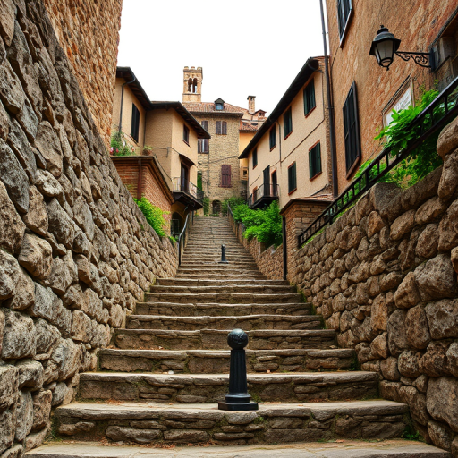 capture an image of a stone staircase leading to a quaint old village with rustic buildings in the background, use a Nikon D850 camera with a 35mm lens, aperture f/8, ISO 200, shutter speed 1/125s, natural light, HDR style, focus on textures and details