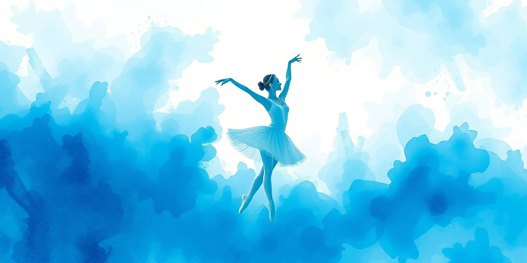 Create an artistic watercolor background with shades of blue and turquoise, featuring a graceful ballet dancer silhouette in white, captured with a DSLR camera at f/4 aperture, ISO 100, and a 50mm lens in portrait orientation for enhanced depth and quality.