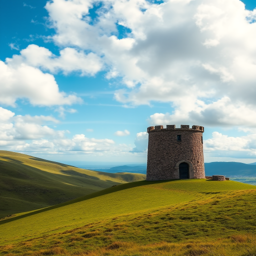 Capture a picturesque landscape of rolling green hills and a rustic stone tower against a vibrant blue sky with fluffy white clouds, using a Canon EOS R5, 24mm lens, f/8 aperture, ISO 100, and a polarizing filter for enhanced color saturation and clarity.