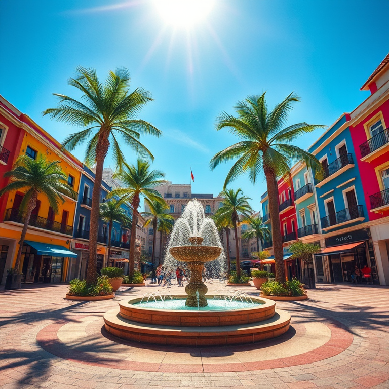 Regenerate the image of a vibrant urban plaza with colorful buildings, palm trees, and a fountain under a bright blue sky, captured with a DSLR camera, 24mm lens, f/8 aperture, ISO 100, in HDR style for enhanced detail and color richness.