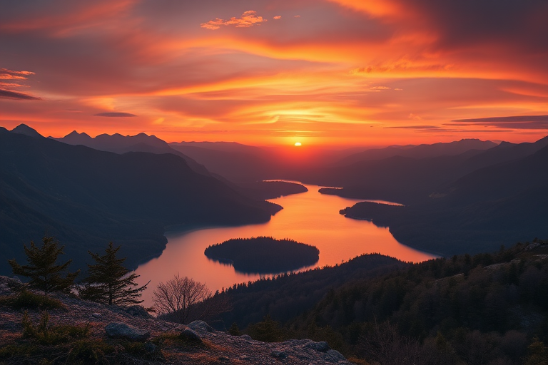 Create a high-resolution image of a serene landscape featuring a sunset over a tranquil lake surrounded by mountains, captured with a Canon EOS 5D Mark IV at f/8, ISO 100, 1/125 sec, wide-angle lens, and a soft focus effect for a dreamy atmosphere.