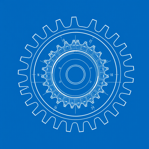 generate a detailed technical blueprint of a gear with intricate tooth design on a blue background, using a 50mm lens, f/8 aperture, 1/125s shutter speed, ISO 100, top-down view, digital illustration style, high resolution